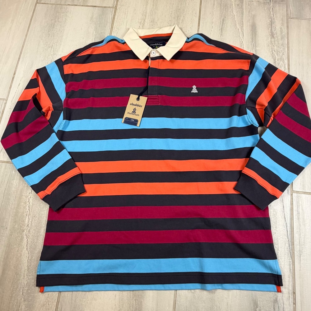 Chubbies Mens Large Long Sleeve Rugby Shirt Multi Color Striped Cotton Pineapple
